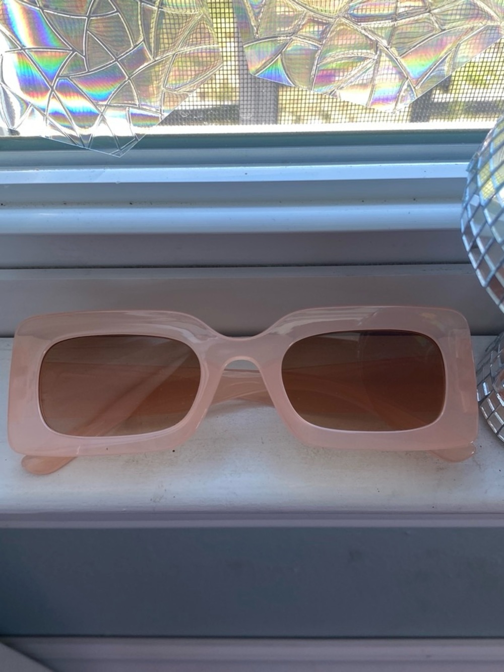 Rectangular Blush Pink Sunglasses with Brown Lenses